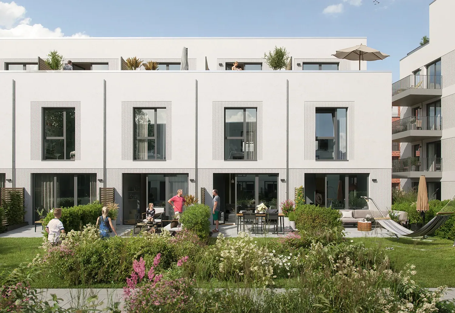 Visualierung der Gärten der Stadthäuser von UP TOWN Living in der Neuen Meile. Frontaler Blick auf die Gärten und Stadthäuser.