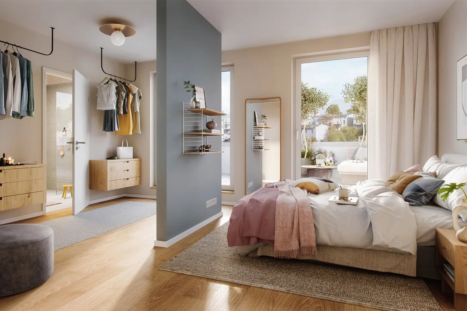 Visualisierung eines Schlafzimmers mit Doppelbett, Ankleidezimmer im Hintergund und der Treppe rechst im Neubauprojet Up Town Houses.